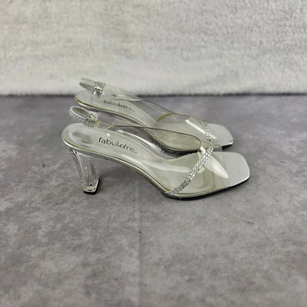 Fabulaire Silver Clear Rhinestone Slingback Block Heels Sandals S2173